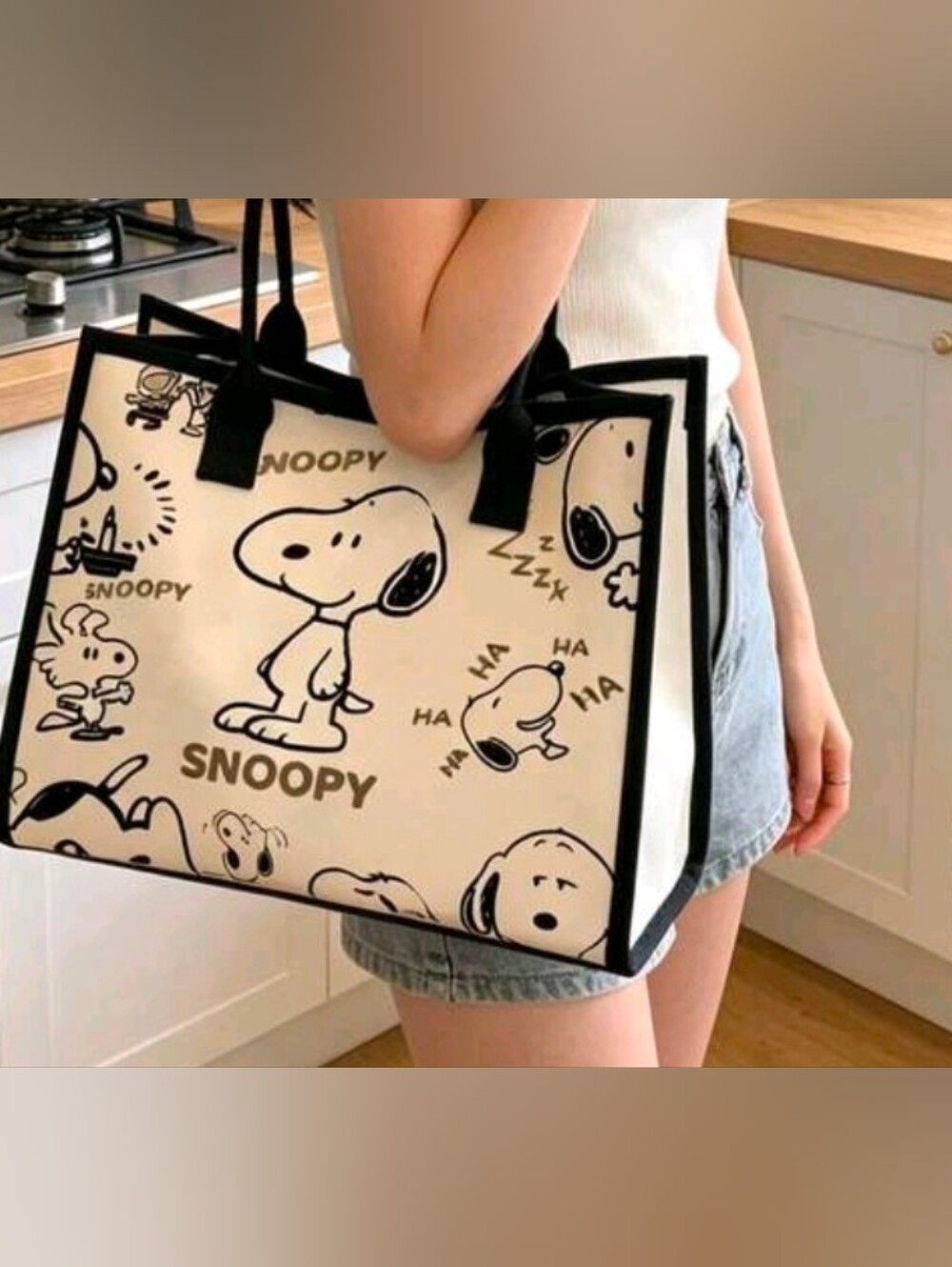Snoopy Canvas Tote Bag in Cream and Black